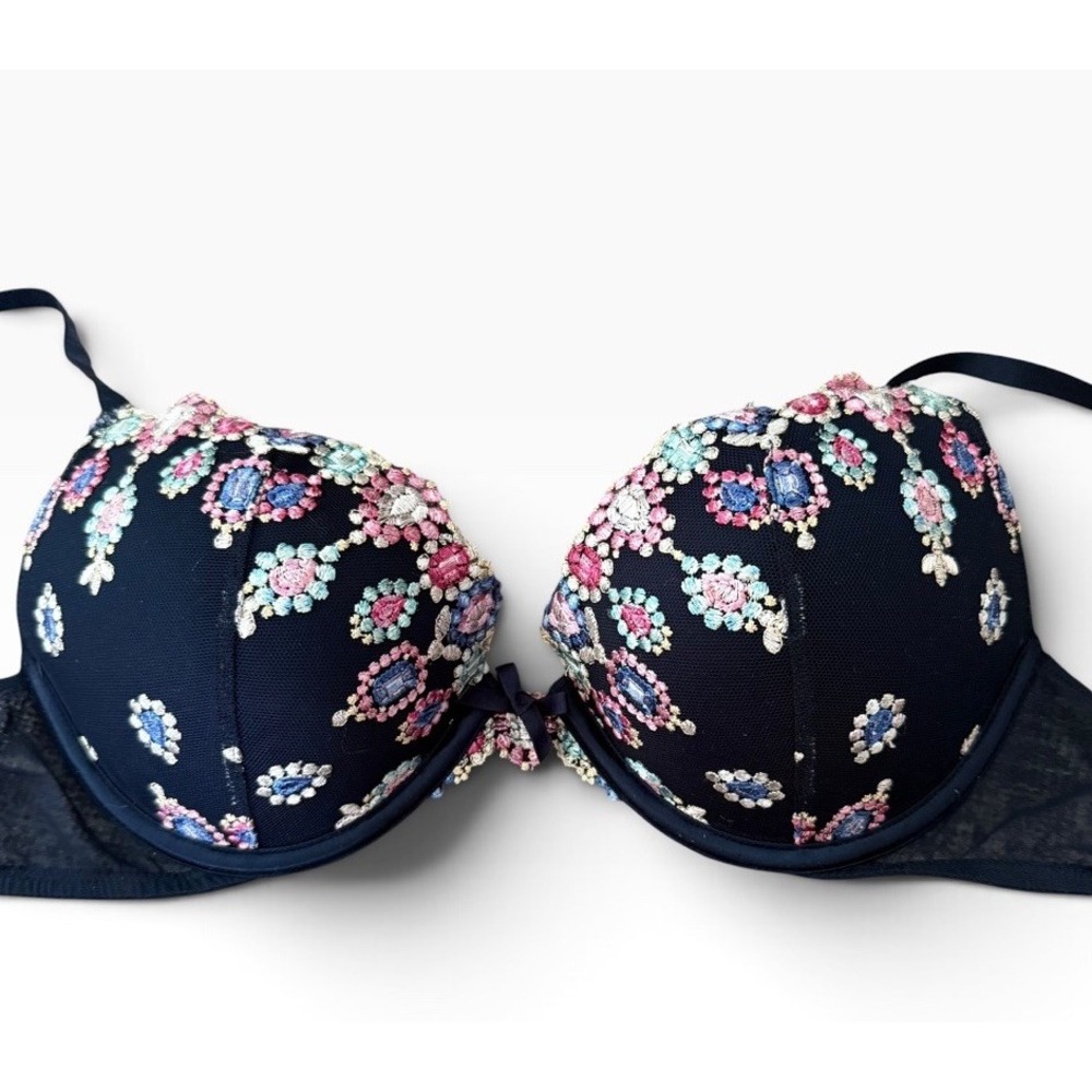 VICTORIA'S SECRET Dream Angels Push-Up Bra Noir Navy Embroidery VS 34C Padded
